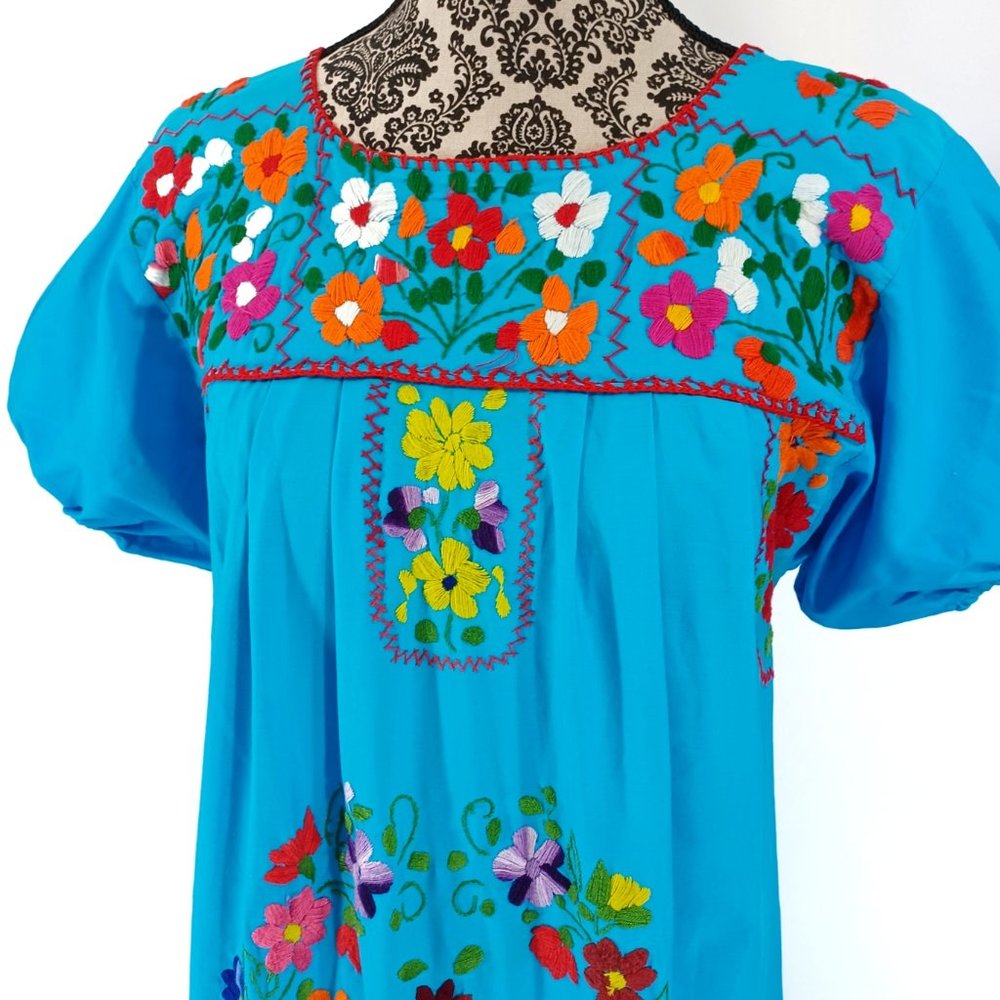Hand Embroidered Mexican Oaxacan Puff Sleeve Cotton Midi Dress XS-S - Picture 3 of 5